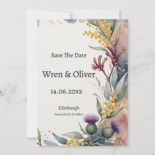 Tarjeta de anuncio de fecha de boda con Cardo de A (Anverso)