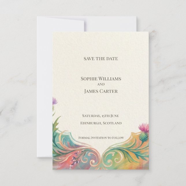 Tarjeta de anuncio de fecha de boda con cardo de a (Anverso)