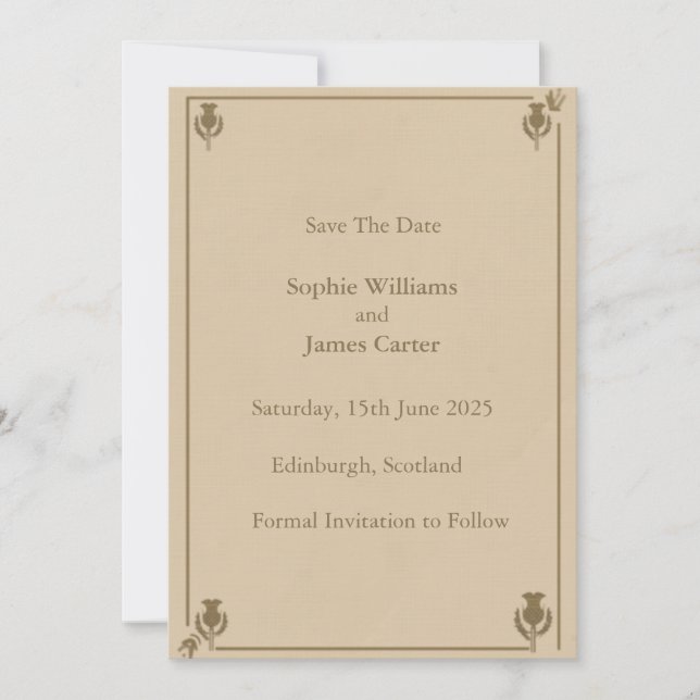Tarjeta de anuncio de fecha de boda con cardo esco (Anverso)
