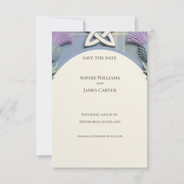 Tarjeta de anuncio de fecha de boda con cardo y ta (Anverso)
