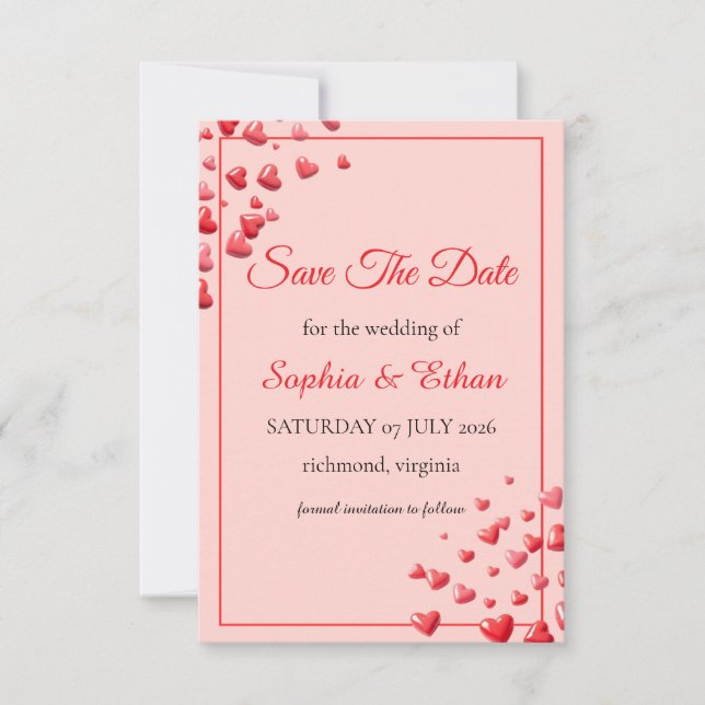 Tarjeta de Anuncio de Fecha de Boda con Corazones  (Anverso)