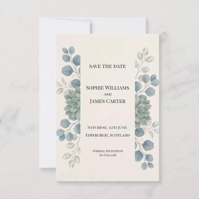 Tarjeta de anuncio de fecha de boda con eucalipto  (Anverso)