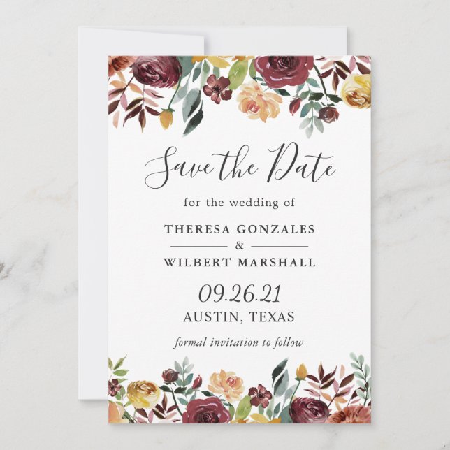 Tarjeta de Anuncio de Fecha de Boda con Flor de Bo (Anverso)