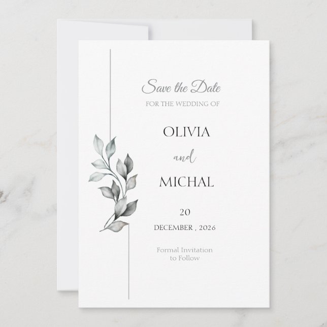 Tarjeta de anuncio de fecha de boda con follaje cl (Anverso)