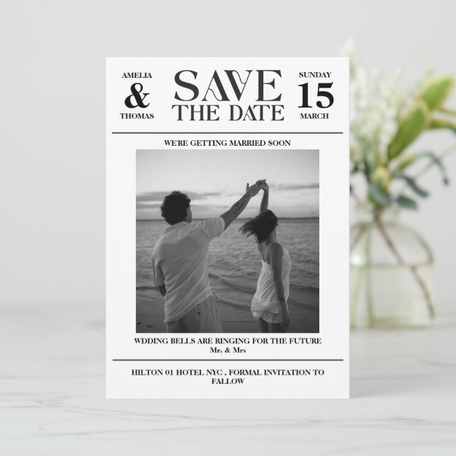 tarjeta de anuncio de fecha de boda con foto de pe (Anverso de pie)