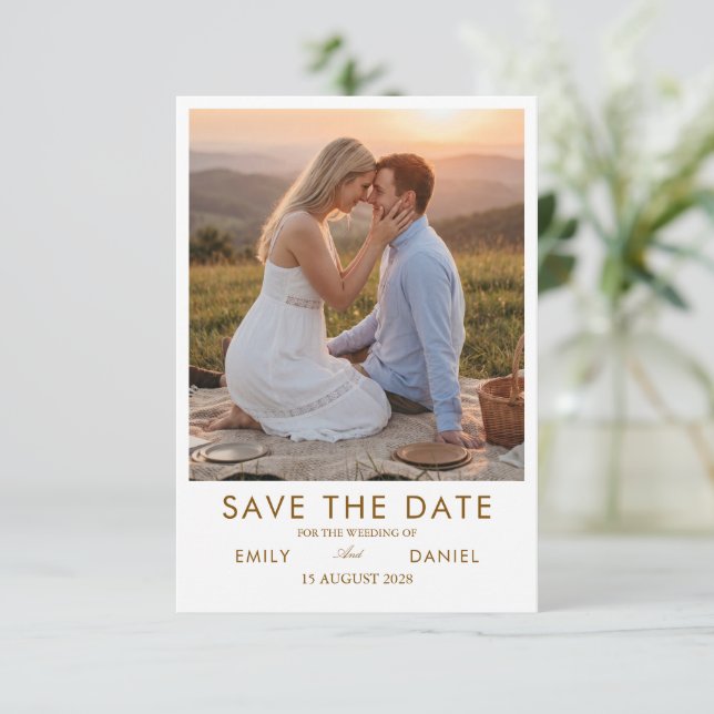 tarjeta de anuncio de fecha de boda con foto de pu (Anverso de pie)