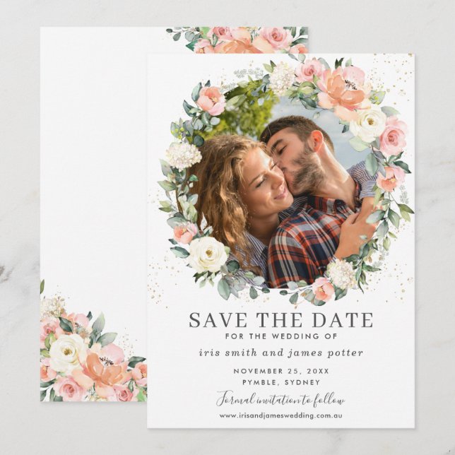 Tarjeta de anuncio de fecha de boda con foto flora (Anverso / Reverso)