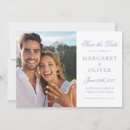 Tarjeta de anuncio de fecha de boda con guión azul