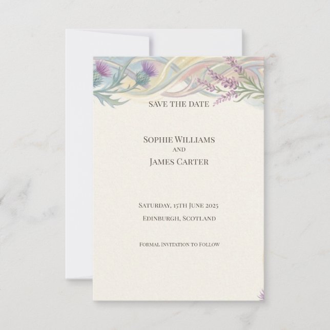 Tarjeta de anuncio de fecha de boda con guirnalda  (Anverso)