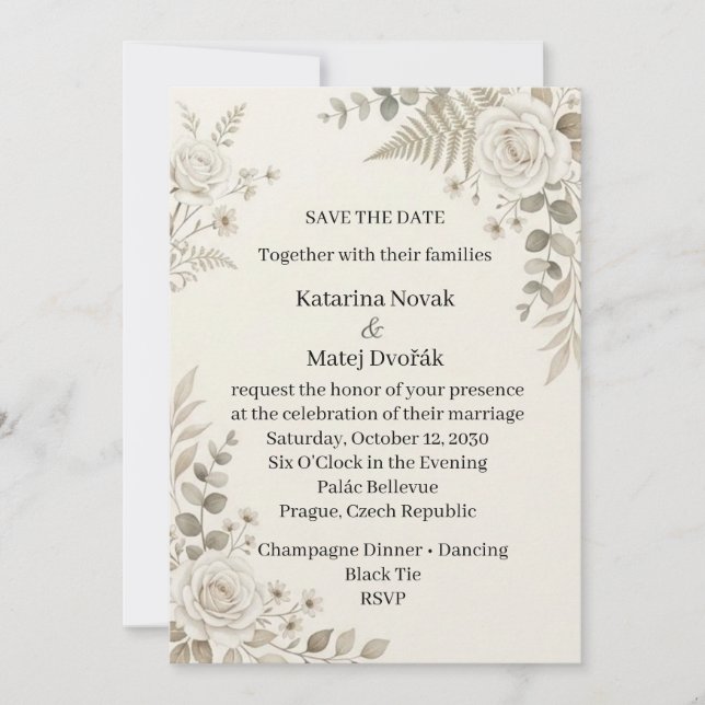 Tarjeta de Anuncio de Fecha de Boda con Helecho y  (Anverso)