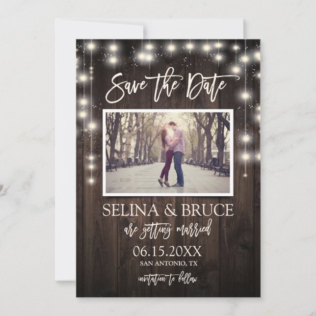 Tarjeta de anuncio de fecha de boda con luces de c (Anverso)