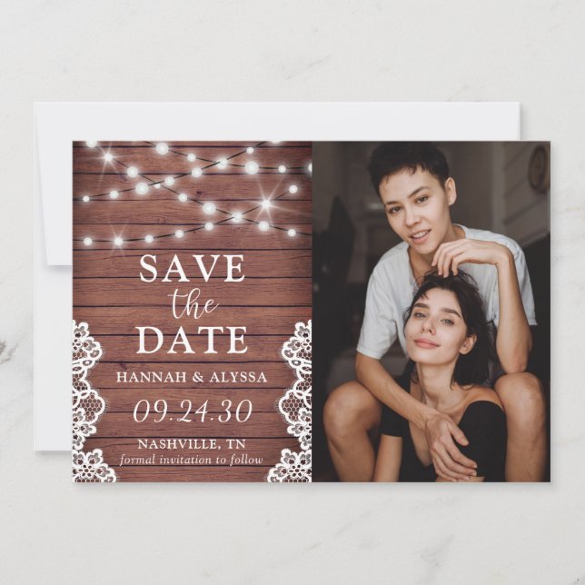Tarjeta de anuncio de fecha de boda con luces rúst (Anverso)