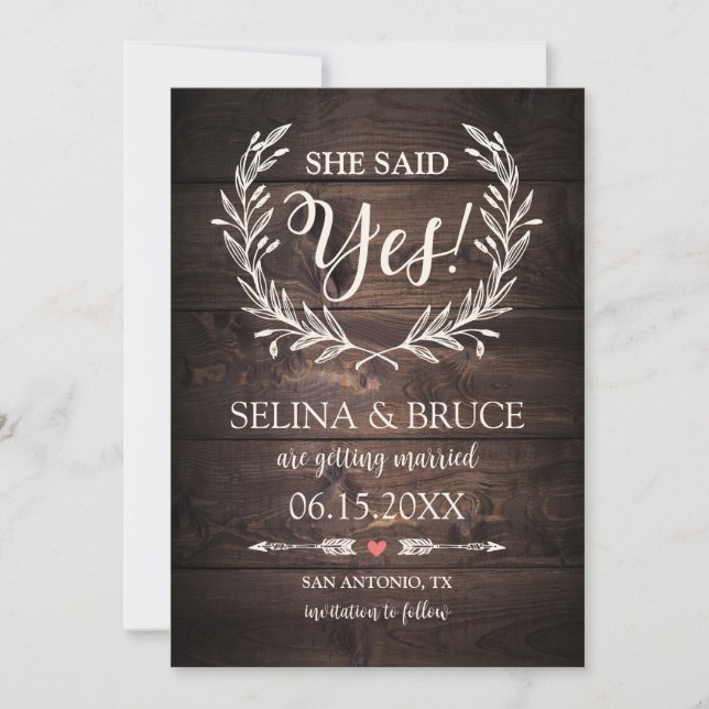 Tarjeta de anuncio de fecha de boda con madera rús (Anverso)