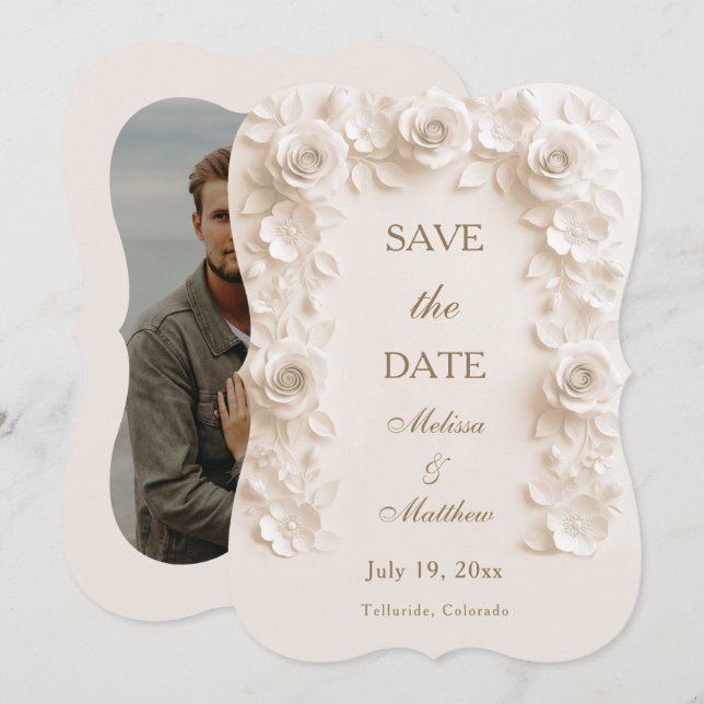 Tarjeta de anuncio de fecha de boda con marco flor (Anverso / Reverso)