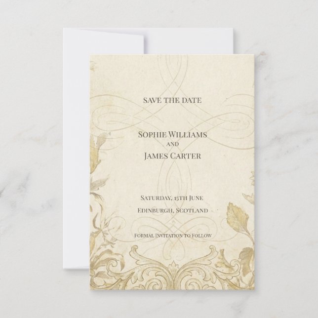 Tarjeta de anuncio de fecha de boda con pergamino  (Anverso)