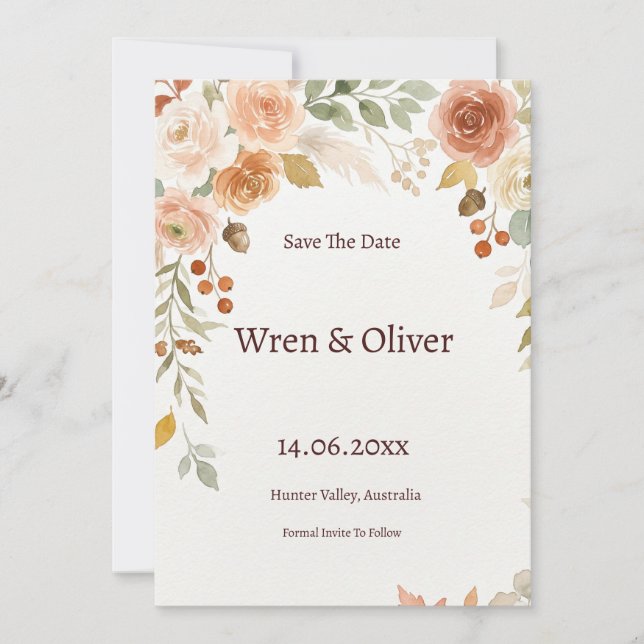 Tarjeta de anuncio de fecha de boda con rama de ol (Anverso)