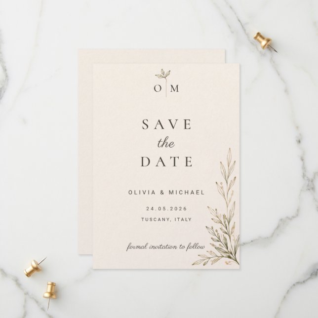 Tarjeta de anuncio de fecha de boda con rama de ol (Anverso/Reverso In Situ)
