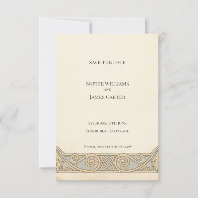 Tarjeta de anuncio de fecha de boda con rollo celt (Anverso)
