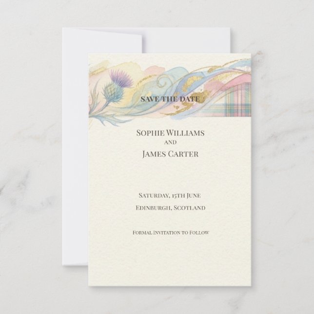 Tarjeta de anuncio de fecha de boda con tartán de  (Anverso)