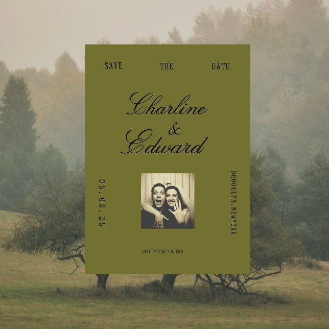 Tarjeta de Anuncio de Fecha de Boda en Verde Oliva (Subido por el creador)