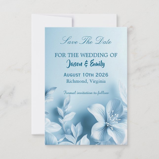 Tarjeta de Anuncio de Fecha de Boda Floral Azul Ce (Anverso)