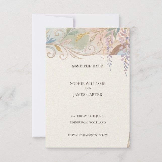 Tarjeta de anuncio de fecha de boda floral barroca (Anverso)