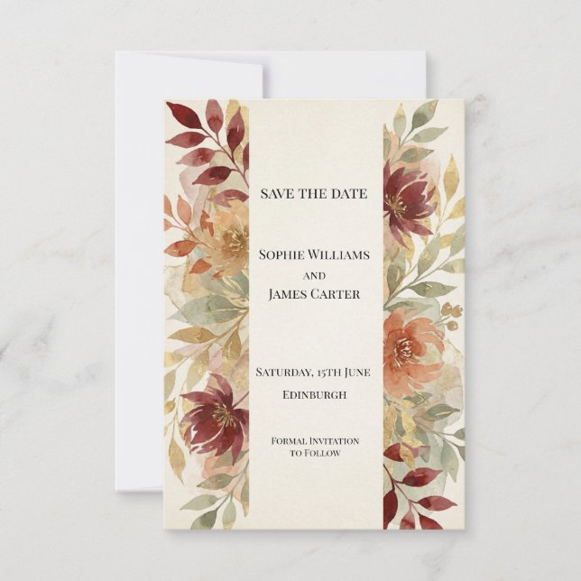 Tarjeta de anuncio de fecha de boda floral botánic (Anverso)