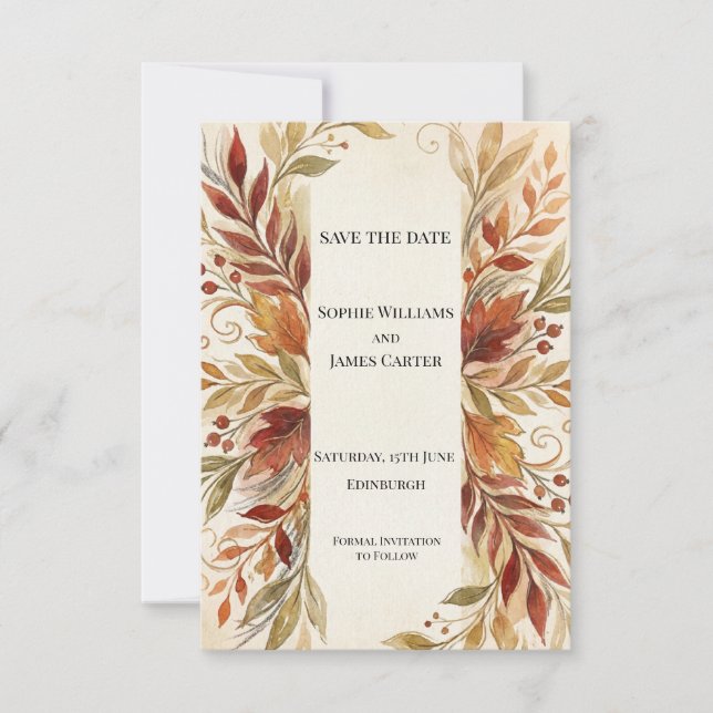 Tarjeta de anuncio de fecha de boda floral de otoñ (Anverso)