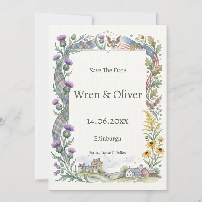 Tarjeta de anuncio de fecha de boda floral pastel (Anverso)