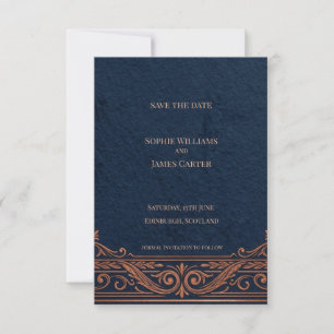 Tarjeta de anuncio de fecha de boda Navy Copper Ce