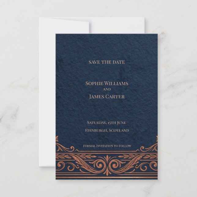 Tarjeta de anuncio de fecha de boda Navy Copper Ce (Anverso)