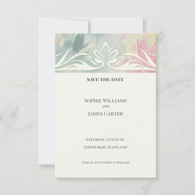 Tarjeta de anuncio de fecha de boda Pastel Lotus A (Anverso)