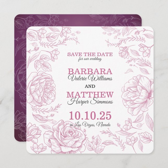 Tarjeta de anuncio de fecha de boda Romántica Marr (Anverso / Reverso)
