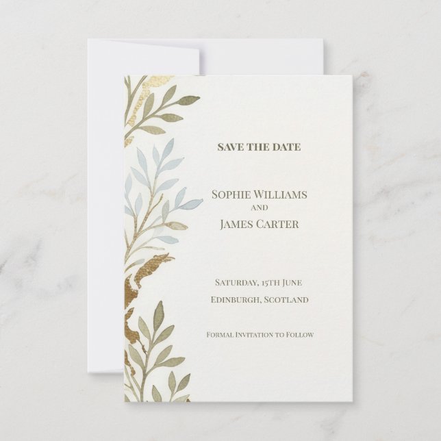 Tarjeta de anuncio de fecha de boda Sage Gold Leaf (Anverso)
