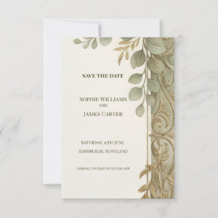 Tarjeta de anuncio de fecha de boda Sage Gold Scro