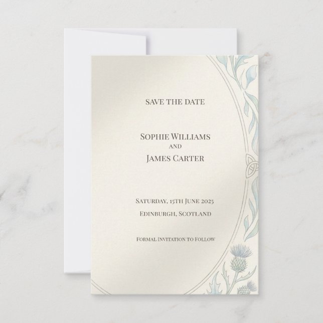 Tarjeta de anuncio de fecha de boda Sage Highland  (Anverso)