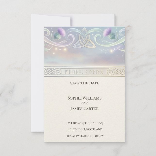 Tarjeta de anuncio de fecha de boda Thistle Celta (Anverso)