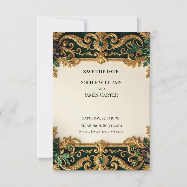 Tarjeta de anuncio de fecha de bodas Barroco Dorad (Anverso)