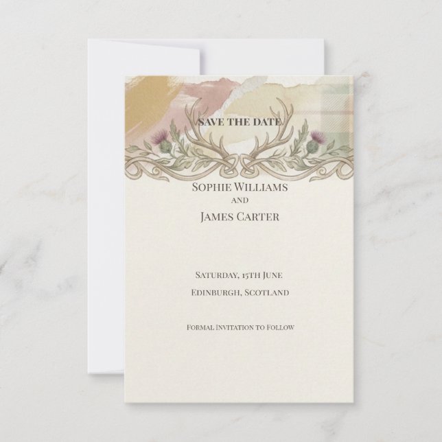 Tarjeta de anuncio de fecha de bodas con cardo y c (Anverso)