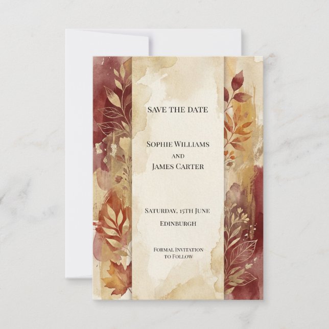 Tarjeta de anuncio de fecha de bodas con hojas de  (Anverso)