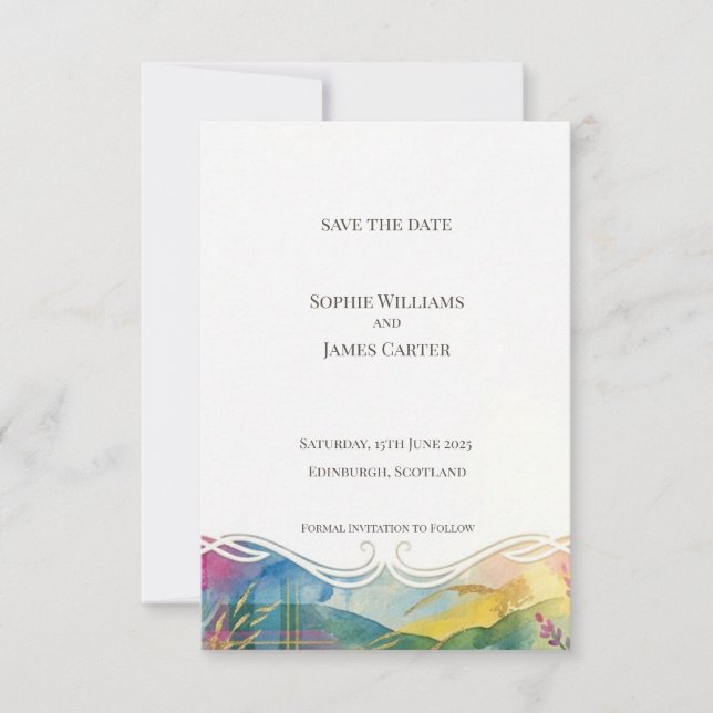 Tarjeta de anuncio de fecha de bodas con paisaje d (Anverso)