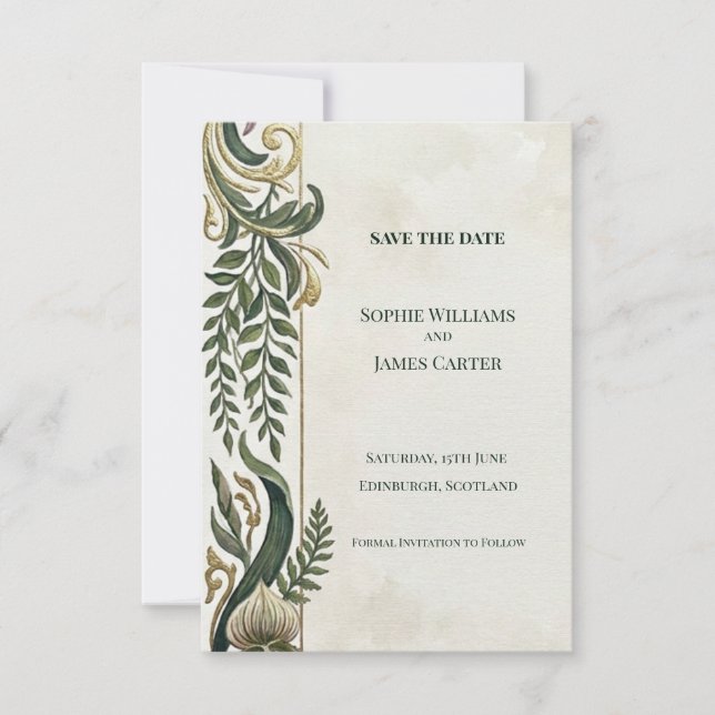 Tarjeta de anuncio de fecha de bodas con pergamino (Anverso)