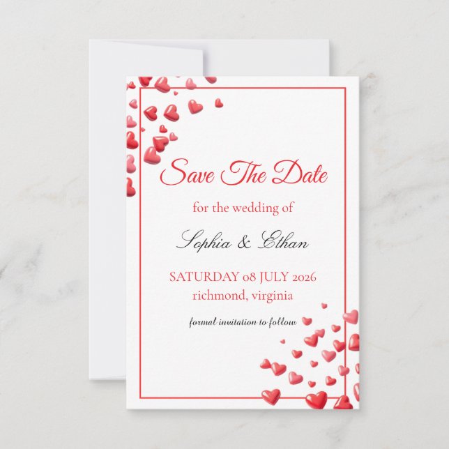 Tarjeta de anuncio de fecha de bodas de corazones  (Anverso)