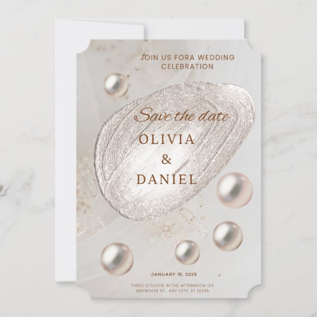 Tarjeta de anuncio de fecha de elegante oro y perl (Anverso)