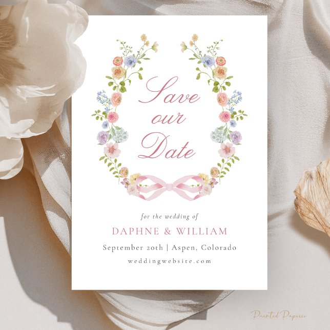 Tarjeta de anuncio de fecha de lazos y flores silv (Bows and Wildflowers Photo Save The Date
)