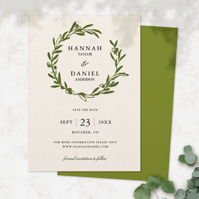 Tarjeta de anuncio de fecha de Olive Branch Wreath (Subido por el creador)