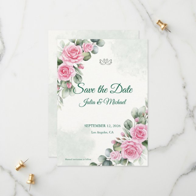 Tarjeta de Anuncio de Fecha de Rosa Rosa y Salvia  (Anverso/Reverso In Situ)