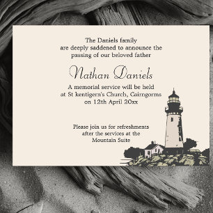 Tarjeta de anuncio de funeral de faro de Cabo