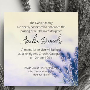 Tarjeta de anuncio de funeral de lavanda delicada