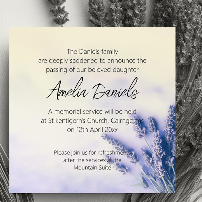 Tarjeta de anuncio de funeral de lavanda delicada (Subido por el creador)